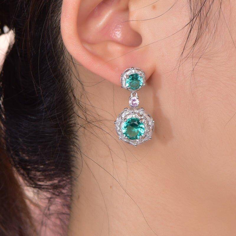 Halo Three Tone Emerald Green Drop Earrings In Sterling Silver - Trendolla Jewelry