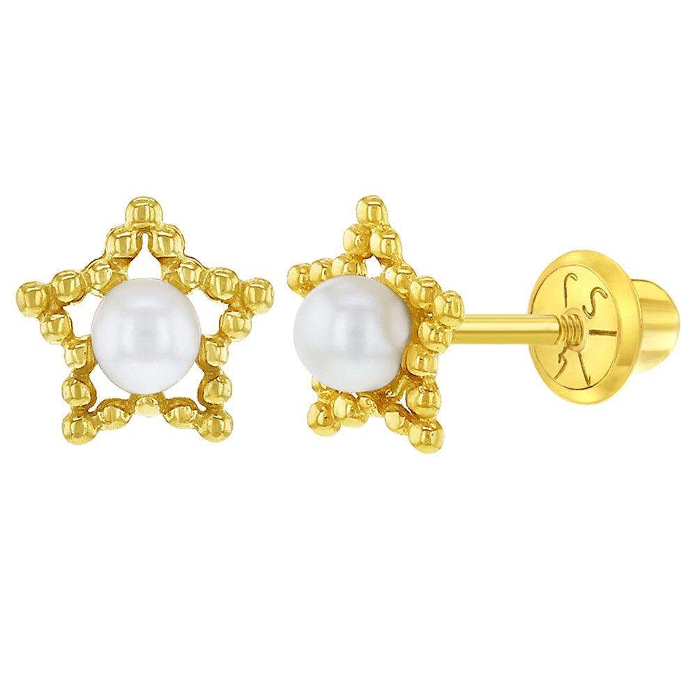 Star & Pearl Kids / Children's / Girls Earrings Safety Screw Back - 14k Gold Plated - Trendolla Jewelry
