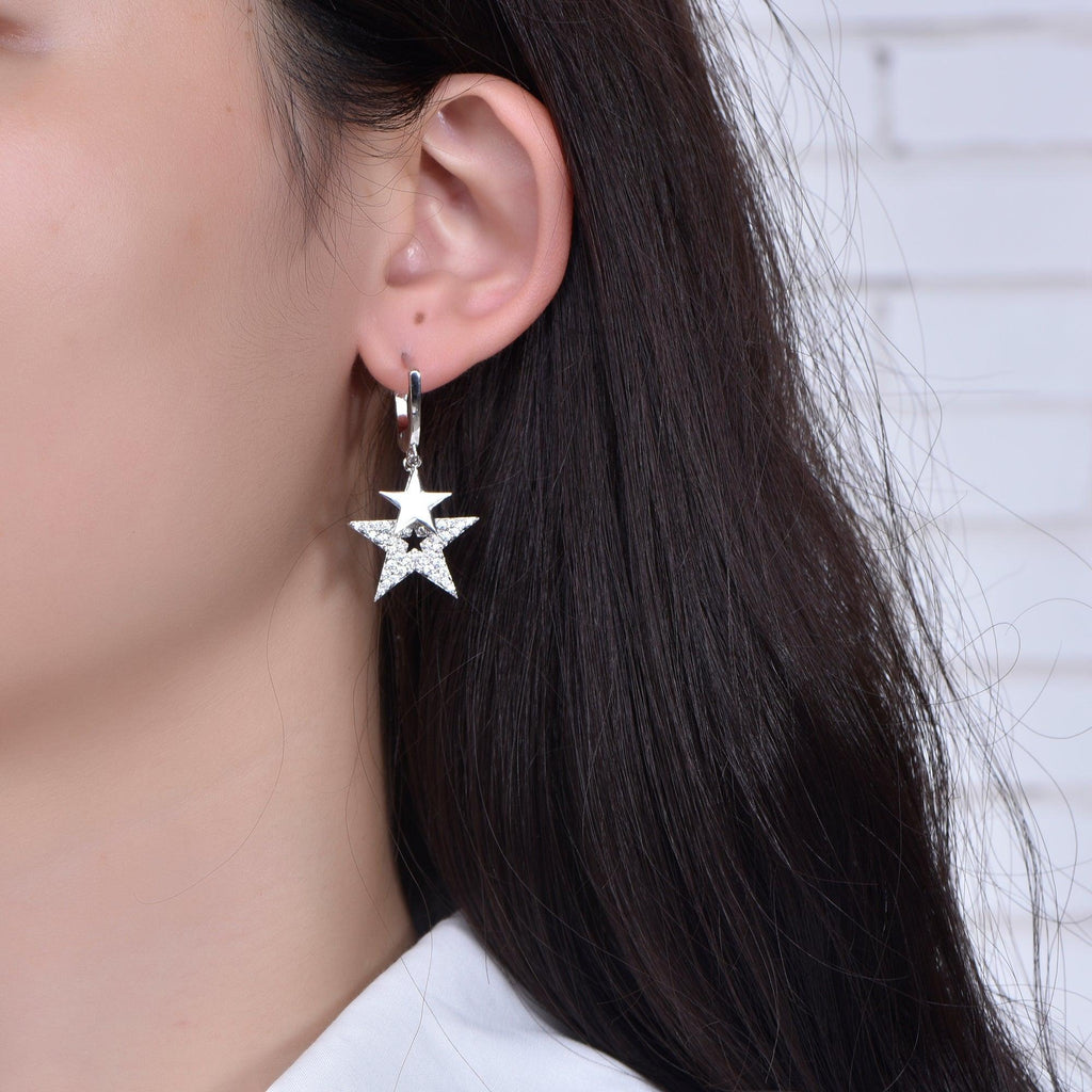 Sterling Silver Huggie Hoop Earrings with Charm Two Stars - Trendolla Jewelry