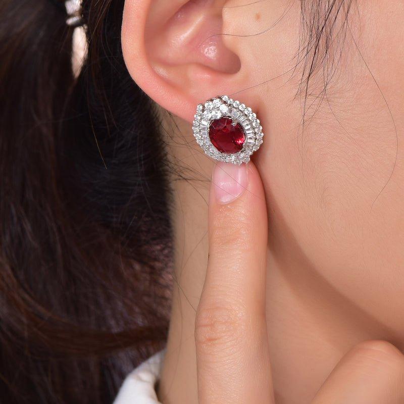 Vintage Ruby Oval Cut Stud Earrings In Sterling Silver - Trendolla Jewelry